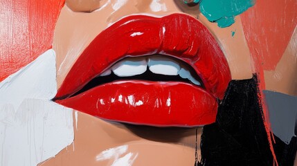 Poster - Bright red lips stand out against an abstract background of colors in a contemporary artwork piece featuring vivid brush strokes