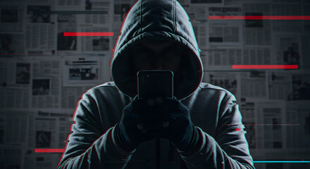 Poster - Person in Hoodie Silhouette Holding Phone With Newspaper Background Cyber Security Concept