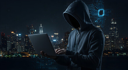 Poster - Person in Hoodie Hacking Laptop with Cityscape Background at Night Cybercrime Concept