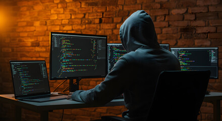 Poster - Person in Gray Hoodie Hacking on Multiple Computer Screens Against a Brick Wall with Warm Lighting