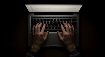 Poster - Overhead View of Hands Typing on Laptop Keyboard in Dark with Wooden Background