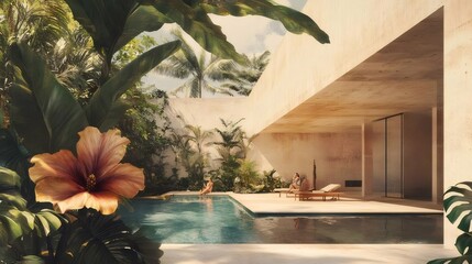 Poster - 熱帯プールと建築の風景 葉と花が前景にあり 太陽光と影が空間を演出する