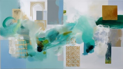 Poster - Artistic abstract painting featuring turquoise and gold hues with intricate patterns and designs on a modern canvas