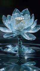 Poster - 透明なガラスの花びらの蓮の花の水中反射青色の背景