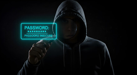 Poster - Mysterious Hacker Silhouette Holds Magnifying Glass Over Digital Password in Black Background