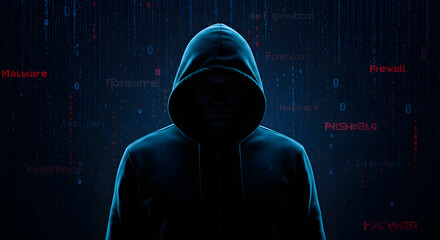 Poster - Mysterious Hacker Silhouette Against Binary Code Blue Background Concept of Cyber Crime and Data Security