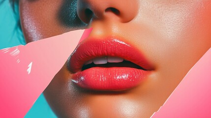 Poster - Bright colors enhance a close-up view of glossy lips with artistic elements in a stylish and vibrant setting