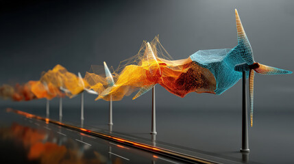 Poster - futuristic holographic model of wind farm design showcases dynamic weather patterns and energy flow, highlighting innovation in renewable energy technology