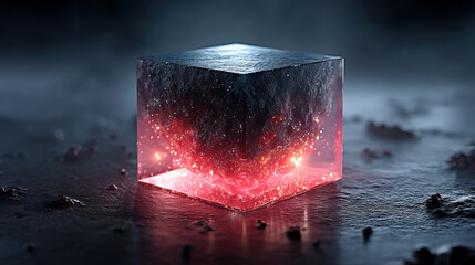 Poster - glowing data cube emits red light, creating futuristic and mysterious atmosphere. cube appears to be floating above dark, misty surface, adding to its enigmatic presence