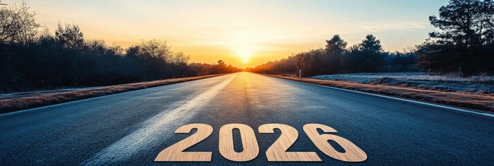 Poster - Asphalt road leading to future with wooden numbers 2026 against sunset sky