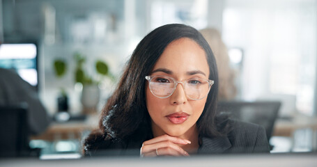 Poster - Research, glasses and woman on computer in finance office for online report, taxes or audit. Check, review and banker reading on desktop in financial agency for equity, stock or investment growth