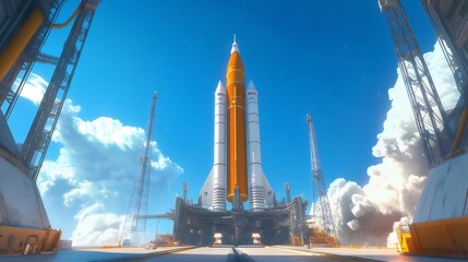 Aufkleber - 巨大なロケットが青い空の下で打ち上げられる準備が整い白とオレンジ色の構造がそびえ立つ光景