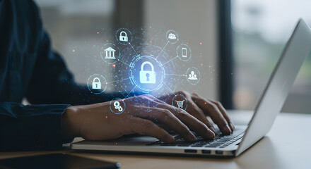 Poster - Man Hands Typing on Laptop with Security Icons Projecting From Screen in a Modern Office