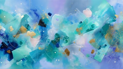 Poster - Vibrant abstract artwork featuring blue and green hues with touches of gold in a lively composition