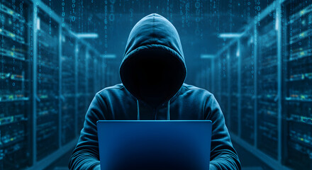 Poster - Hooded Hacker with Laptop in Dark Data Center Hacking System with Cybercrime and Security Concepts