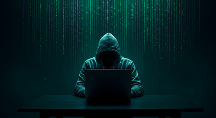 Poster - Hooded Hacker Using Laptop Under Glowing Green Digital Matrix in Dark Room