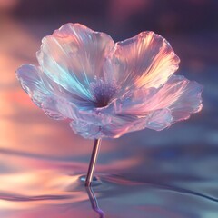 Poster - 水面に浮かぶ透明感のある輝く花 幻想的なピンクと青の光が織りなす美しい自然のクローズアップ