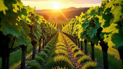 Poster - Golden Hour Sunlight Bathes Lush Vineyard Rows in Warm Glow