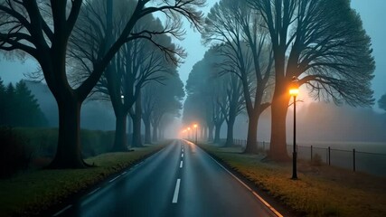 Poster - Driving Down a Foggy Tree-Lined Road at Dusk with Streetlights Guiding the Way