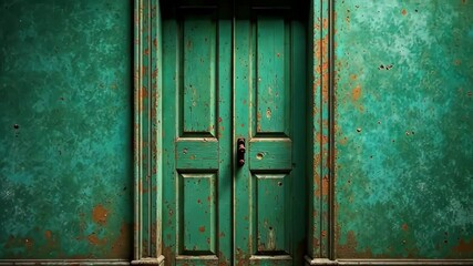 Aufkleber - Old, weathered green door in abandoned building with peeling paint and rustic hardware