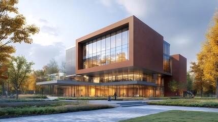 Aufkleber - レンガ造りのモダン建築デザイン秋の風景自然光と空を背景にガラス張りの壁に囲まれた建物