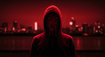 Poster - Hooded Figure in Red Binary Code Overlay Against a Dark Cityscape Silhouette