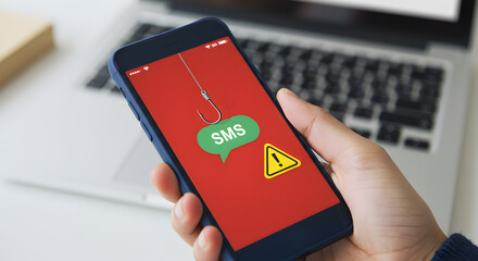 Poster - Hand Holding Blue Smartphone Displaying Phishing Scam Alert with Green Speech Bubble on Red Screen over Laptop