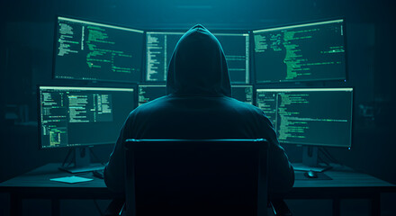 Poster - Hacker in Hoodie Sitting Before Multiple Monitors Coding in Dark Blue Lit Room