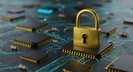 Poster - Golden Padlock Protecting Circuit Board Data on Dark Gray Background with Scattered Microchips and Security Theme
