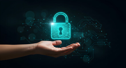Poster - Glowing Turquoise Padlock Floating Above Open Hand on Dark Background Symbolizing Digital Safety