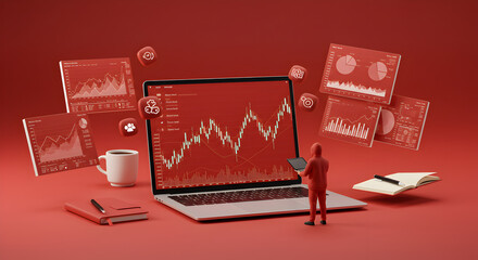 Poster - Financial Analysis on Red Pixel Art Background with Person and Laptop Depicting Stock Market Analysis