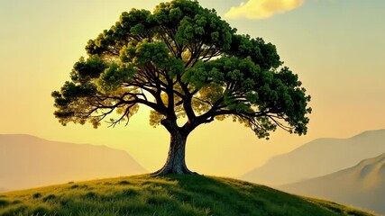 Poster - Time-Lapse of a Majestic Tree on a Verdant Hill as the Sun Sets Behind Distant Mountains