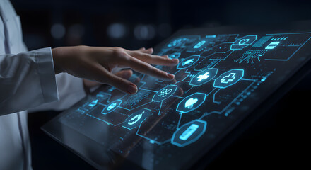 Poster - Doctor Interacting with Modern Digital Medical Interface Display in a Dark Setting with Blue Glowing Icons