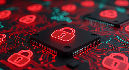 Poster - Digital Security Concept with Red Padlocks on Integrated Circuit Board and Black Microchips with Teal Lights