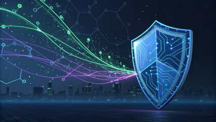 Cybersecurity shield deflecting digital particles, data protection and online security concept