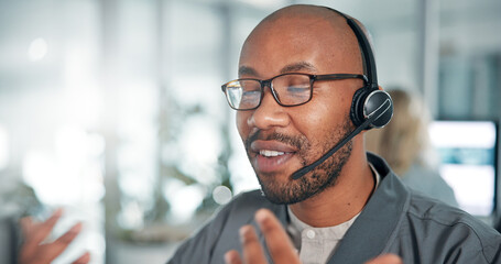 Leinwandbilder - Call center, contact us and black man with headset in office for communication with crm. Talking, customer experience and African male technical support agent with audio tech for lead generation.