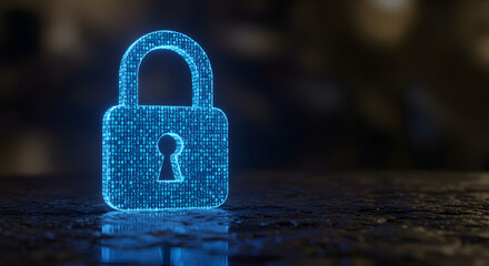 Poster - Digital Blue Padlock Symbolizing Cyber Security and Data Protection on Dark Reflective Surface