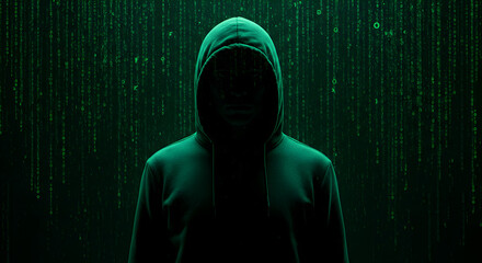 Poster - Dark Figure in Hoodie with Digital Rain Cyber Security Concept in a Dark Room