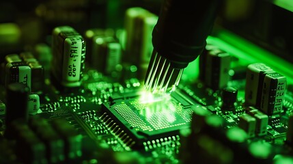 Poster - Electronic circuit board repair and testing with green light for technology and engineering concept