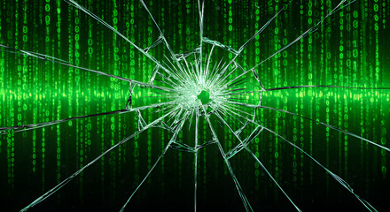 Poster - Cracked Glass Overlayed on Green Binary Code Abstract Matrix Data Background