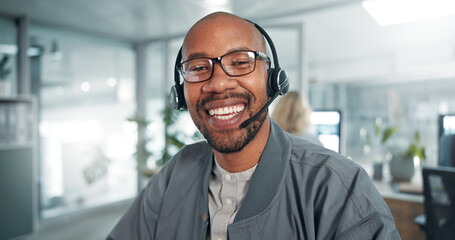 Aufkleber - Call center, businessman and portrait with headset for telemarketing, customer service and happiness. Office, male person and sales consultant with microphone for communication, support and advisory