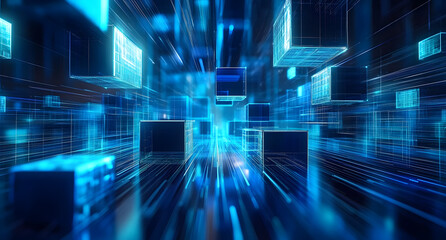 Poster - abstract digital network with blue cubes and lines creating a futuristic perspective, suggesting dat