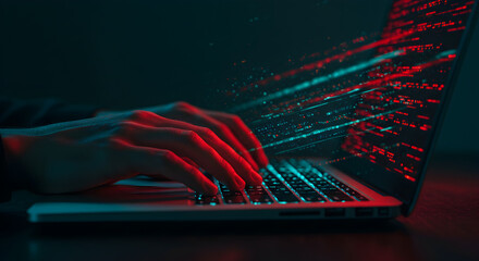 Poster - Close Up of Person Typing on Laptop Keyboard with Glowing Digital Code Overlay in Blue and Red