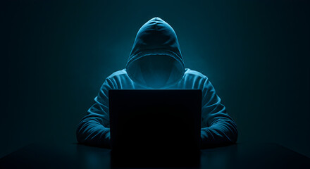 Poster - Anonymous Hacker in Hoodie Using Laptop Computer with Cybercrime in the Dark Blue
