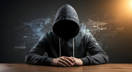 Poster - Anonymous Hacker in Dark Hoodie with Hands on Table against Digital Background
