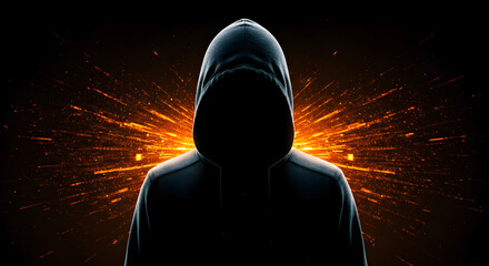 Poster - Anonymous Hacker Figure in Hoodie Silhouette Against Burst of Light with Dark Background
