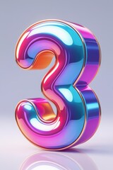 Poster - A glossy iridescent number three with a golden outline on a light gray surface background design