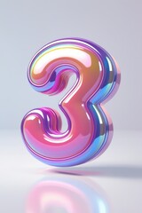 Poster - Iridescent number three floating with a glossy surface and soft shadow on a bright white background