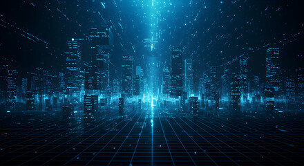 Poster - Abstract Digital Cityscape with Glowing Blue Grids and Technological Network Visualization