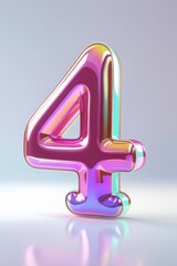 Poster - A glossy iridescent number four standing on a reflective surface against a gradient background